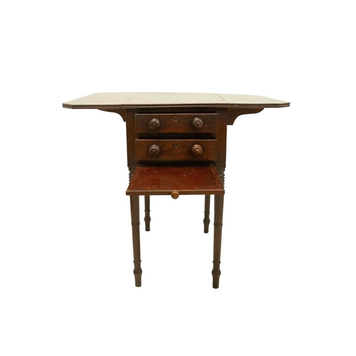 981 - An early Victorian mahogany work table. The well figured top with two leaves above two drawers and a... 
