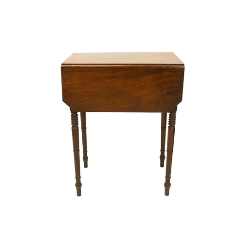 981 - An early Victorian mahogany work table. The well figured top with two leaves above two drawers and a... 