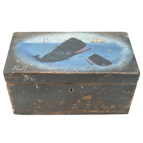 982 - Stephen CAMPS (1957) A small pine chest. Featuring two whales, a ship and a lighthouse to the lid, s... 