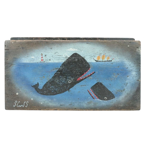 982 - Stephen CAMPS (1957) A small pine chest. Featuring two whales, a ship and a lighthouse to the lid, s... 