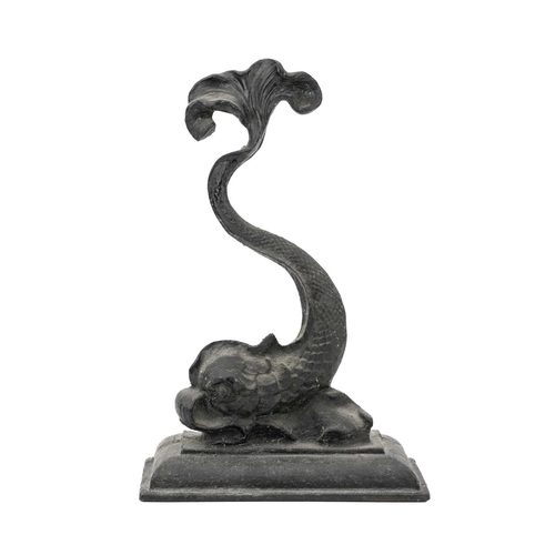 14 - A Victorian black painted cast iron door stop in the form of a stylised dolphin. Height 36.5cm, toge... 