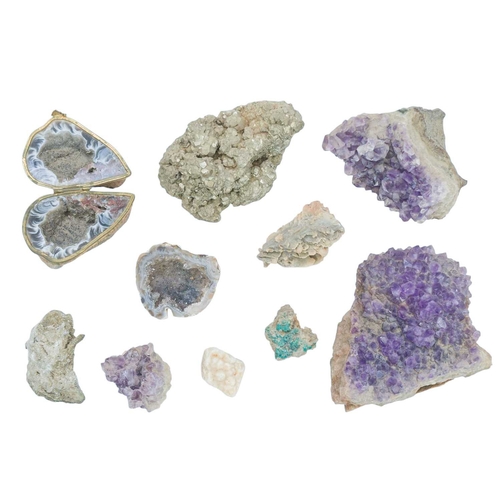 19 - A quartz crystal geode box. With hinged gilt metal mount, length 8cm, together with other minerals a... 