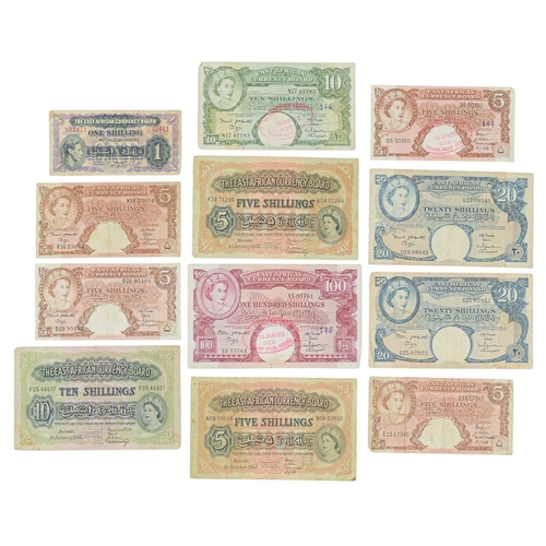 192 - East African Currency Board Bank Notes - GVI - QEII x 12. Lot comprises:1 shilling note - 19435 shil... 