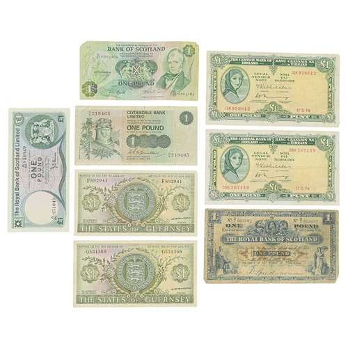 193 - Guernsey, Ireland and Scotland Bank Notes x8. Lot comprises: 1969 issue Guernsey £1 notes signed by ... 