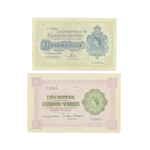 196 - Falkland Islands and Seychelles Bank Notes x2. Lot comprises of Falkland Islands £1 note issued 1.1.... 
