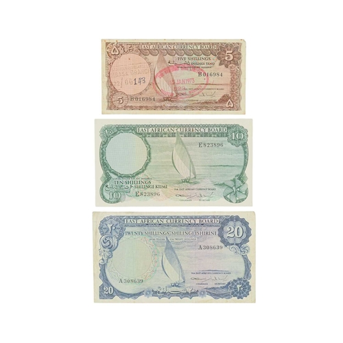 202 - East African Currency Board Bank Notes QE2 x3. Lot comprises: 1964 issue 5 shilling, 10 shilling, 20... 