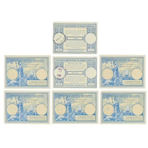 204 - International and Imperial Reply Coupons x7. Lot comprises of five Great Britain 3d Imperial Reply c... 