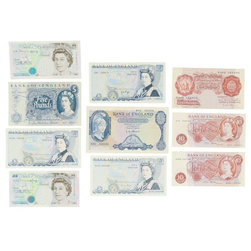 205 - English £5 Bank Notes x7 Plus 10/- Notes x3. Lot comprises: Series A - 10/- - O'BrienSeries C - 10/-... 
