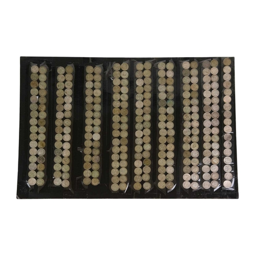 209 - Approx. 780 Silver 3ds. Queen Victoria - George VI. A large quantity of silver 3d coins mounted on c... 