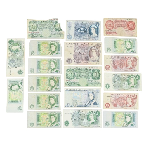 213 - Great Britain Bank Notes x18. Lot comprises of £10 x1, £5 x2, £1 x12, 10/- x3. Various issues with c... 