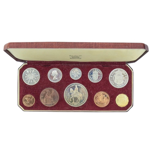 215 - A cased proof set of 1953 Elizabeth II coins. Royal Mint case, from 1/4d to crown (10 coins).