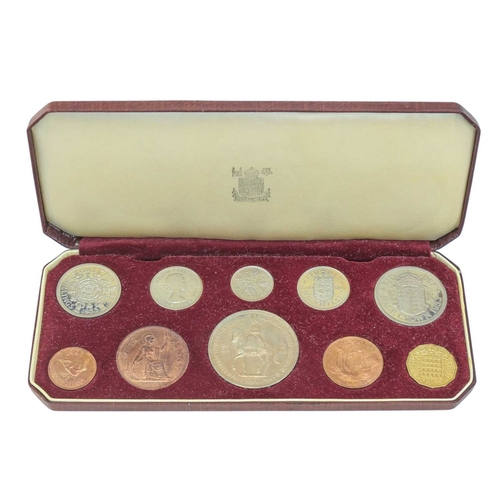 215 - A cased proof set of 1953 Elizabeth II coins. Royal Mint case, from 1/4d to crown (10 coins).
