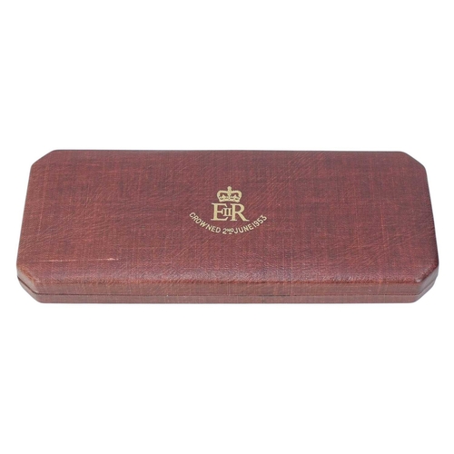 215 - A cased proof set of 1953 Elizabeth II coins. Royal Mint case, from 1/4d to crown (10 coins).