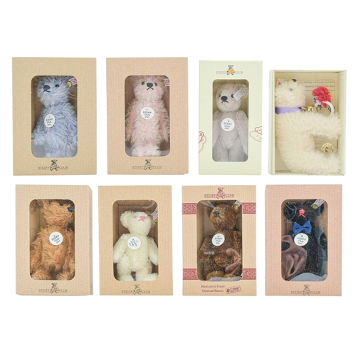 222 - Eight Steiff Club teddy bears. A collection of bears in their original boxes with paperwork, ranging... 
