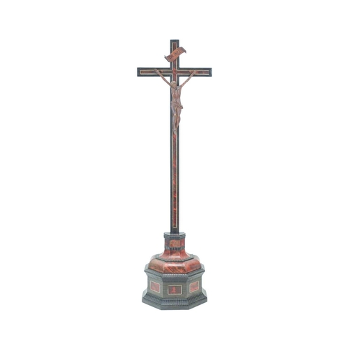 25 - A Flemish tortoise shell and ebony crucifix. 19th century, with a carved boxwood corpus, height 73cm... 