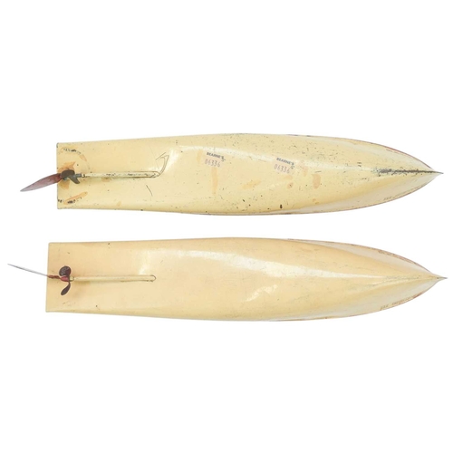 259 - Two Hornby tinplate clockwork speedboats. Racer III with red trimmed cream finish, length 43cm (2).