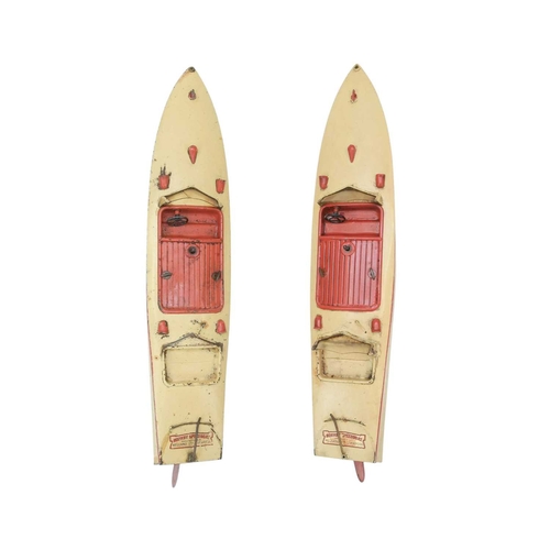 259 - Two Hornby tinplate clockwork speedboats. Racer III with red trimmed cream finish, length 43cm (2).