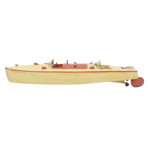 259 - Two Hornby tinplate clockwork speedboats. Racer III with red trimmed cream finish, length 43cm (2).