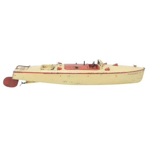 259 - Two Hornby tinplate clockwork speedboats. Racer III with red trimmed cream finish, length 43cm (2).