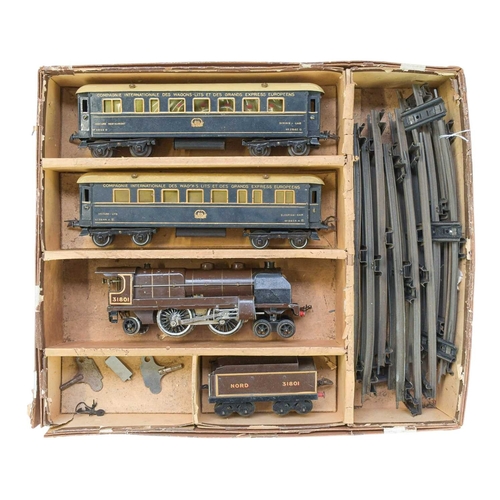 261 - Hornby O gauge Riviera Blue clockwork train set. Comprising Nord loco & tender, all brown, with smok... 