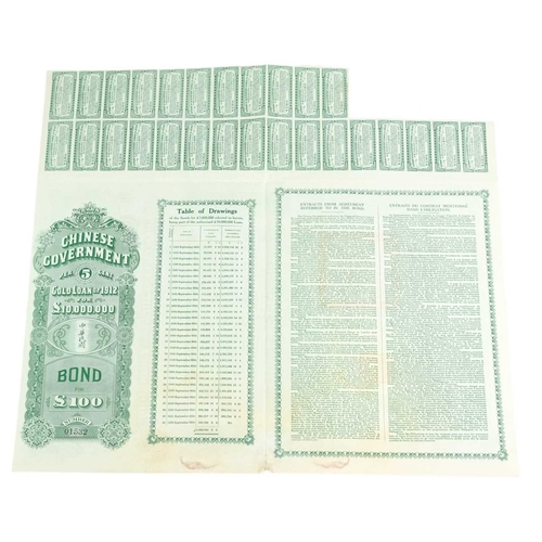285 - Chinese Government 5% Bonds. Ten bond certificates for £100 gold loan of 1912. Some damp affected. A... 