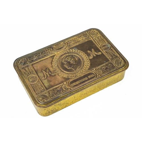 286 - Queen Mary Gift Tin containing various cap badges and medallions. Lot includes a good 1911 Belgium A... 