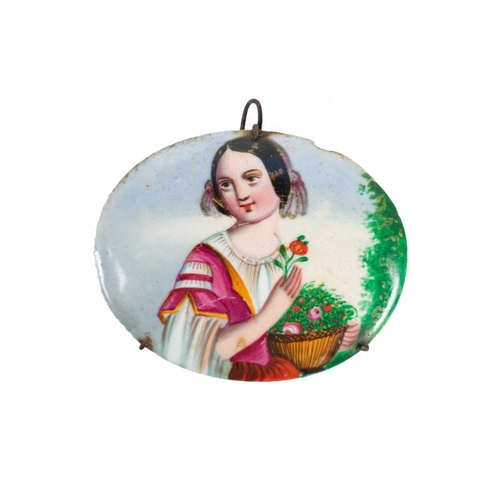 289 - A continental painted porcelain plaque. Circa 1900, decorated an elegant woman amidst reeds, 8 x 6cm... 
