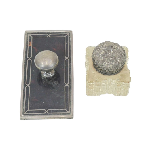 300 - A silver mounted tortoiseshell desk blotter. Birmingham, 1913, together with a good quality cut glas... 