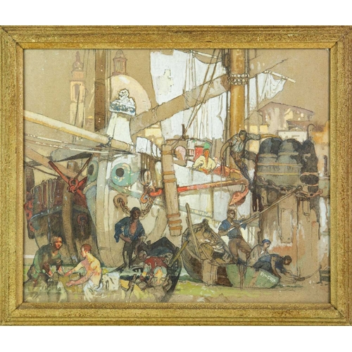 319 - F.A.COX Dockworkers with Sailboat Watercolour on paper, signed, 34cm x 41cm, framed 41cm x 48cm.