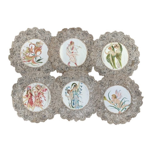 352 - A collection of hand painted lace doilies. A set of six in the Art nouveau style depicting females a... 