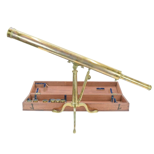 A late George III 2 inch brass refracting telescope on tripod stand ...