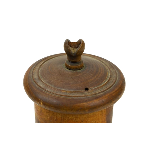 52 - A Victorian treen lignum vitae string box. The turned lid with a knop incorporating a cutting blade,... 