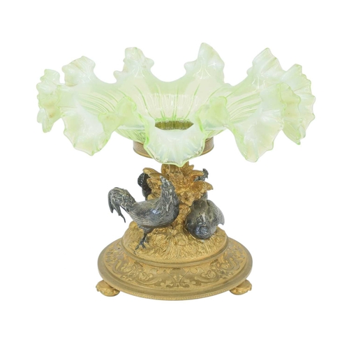 7 - A 19th century vaseline glass tazza or centrepiece on a gilt bronze and silvered stand. Witha distin... 