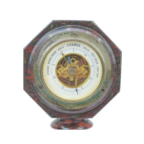 70 - A late 19th/early 20th century Cornish serpentine desk barometer. The octagonal case raised on facet... 