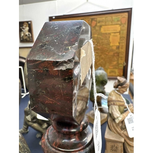 70 - A late 19th/early 20th century Cornish serpentine desk barometer. The octagonal case raised on facet... 