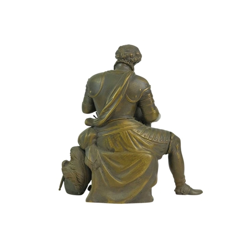 77 - A French bronze figure of a knight. 19th century, cast wearing armour, seated on a stool, with a chi... 