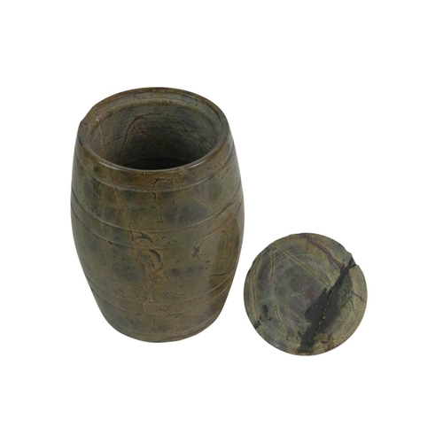 79 - A turned red Cornish serpentine tobacco jar. Height 18cm. Together with another similar, height 16cm... 