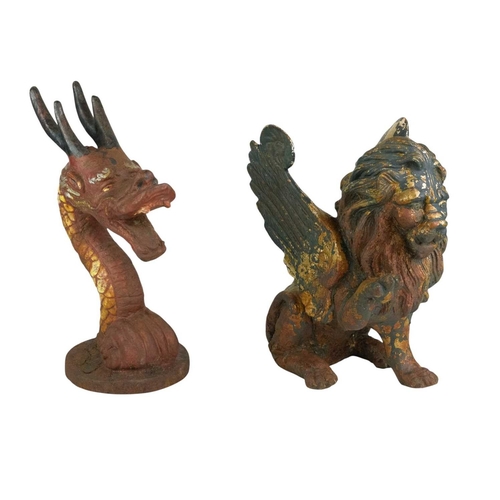 81 - A cast iron winged lion. 19th century, the mythical creature depicted seated with one raised paw, 31... 