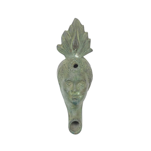 83 - Four bronze walking cane handles. Each depicting figures, animals and birds, 13cm and smaller, with ... 