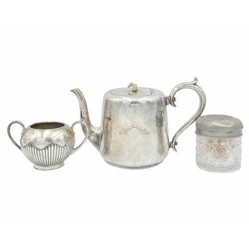 85 - Steam Yacht Iolaire, an Elkington plate teapot. Height 15cm, together with a napkin ring, engraved f... 