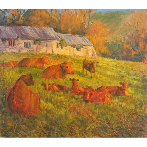 184 - § David RYLANCE (1941) Cows Basking in Autumn Light Oil on board, signed verso, 70cm x 80cm.