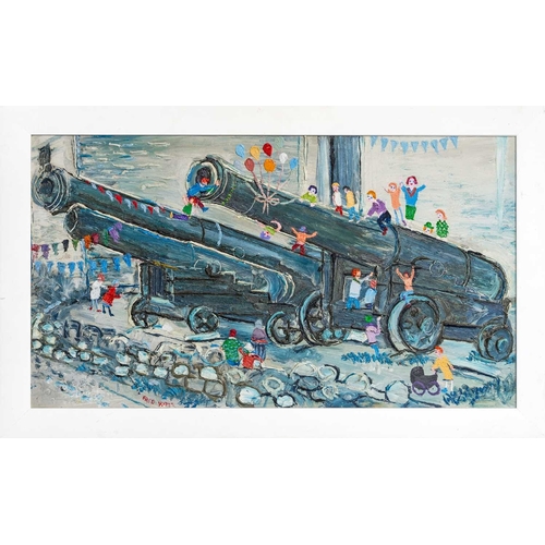 232 - § Fred YATES (1922-2008) Polkerris Cannons Oil on board, signed, 50 x 105cm, 74 x 120cm framed.