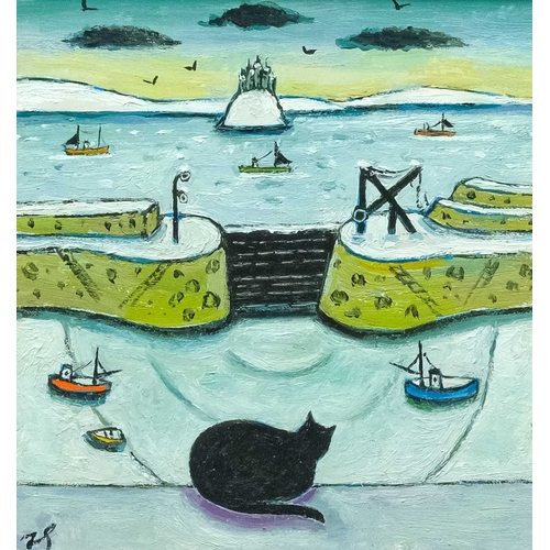 239 - § Joan GILCHREST (1918-2008) A View from Mousehole Harbour to St Michael's Mount Oil on board, signe... 