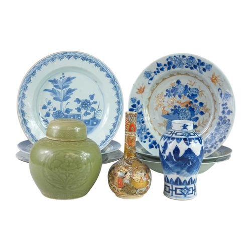 313 - Six Chinese blue and white plates and dishes. 18th and 19th century, diameter 24cm and smaller, toge... 