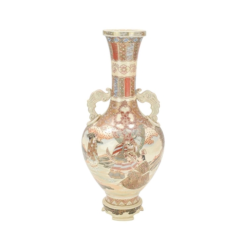 357 - A Japanese Satsuma pottery vase. Circa 1900, with dragon and ring moulded handles, painted with figu... 