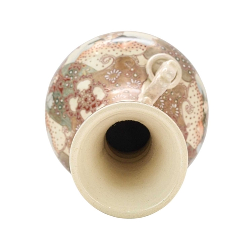 357 - A Japanese Satsuma pottery vase. Circa 1900, with dragon and ring moulded handles, painted with figu... 