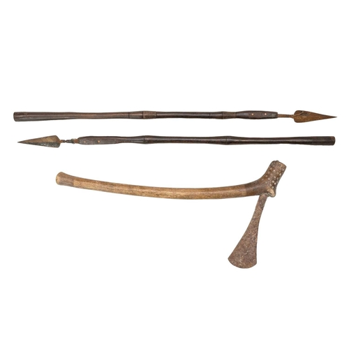 186 - A West African Chokwe axe. Probably Angola, the plain shaft with punch decorated terminal and a stee... 