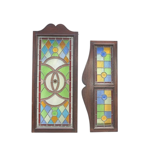 206 - A group of six stained glass panels and ten similar room divider top mounts. Mid-late 20th century, ... 