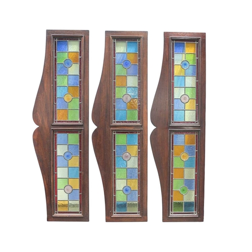 206 - A group of six stained glass panels and ten similar room divider top mounts. Mid-late 20th century, ... 
