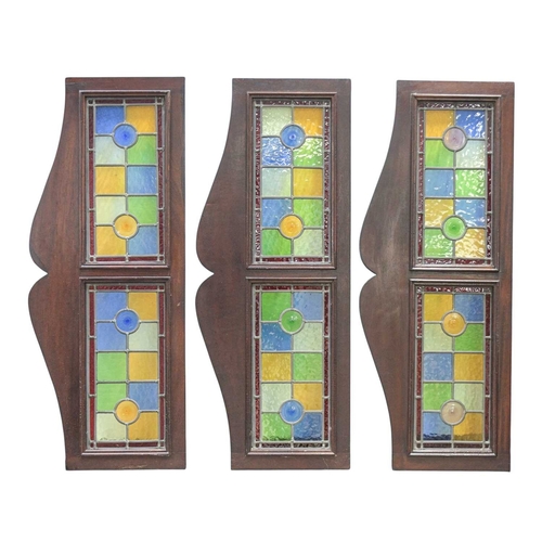 206 - A group of six stained glass panels and ten similar room divider top mounts. Mid-late 20th century, ... 